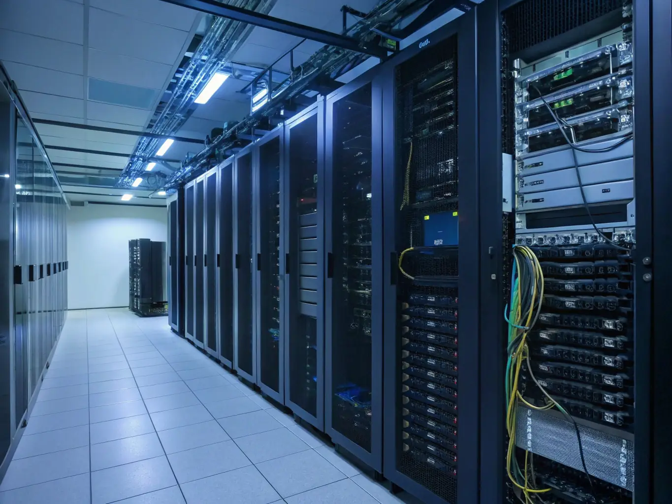 An image showing a secure data center with servers and networking equipment, representing Crestone Technology Solutions' expertise in cloud and cybersecurity solutions.