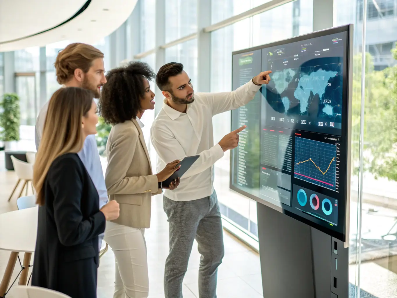 An image showing a diverse team of IT consultants brainstorming and collaborating on a cloud strategy project, using laptops and a large interactive display showcasing cloud architecture diagrams.