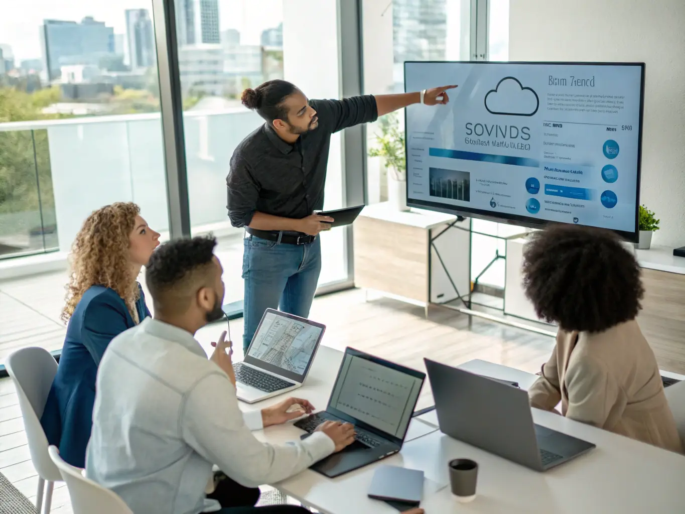 A consultant in a modern office setting, deeply engaged in a strategic planning session, using a digital whiteboard to map out cloud migration strategies with a team.