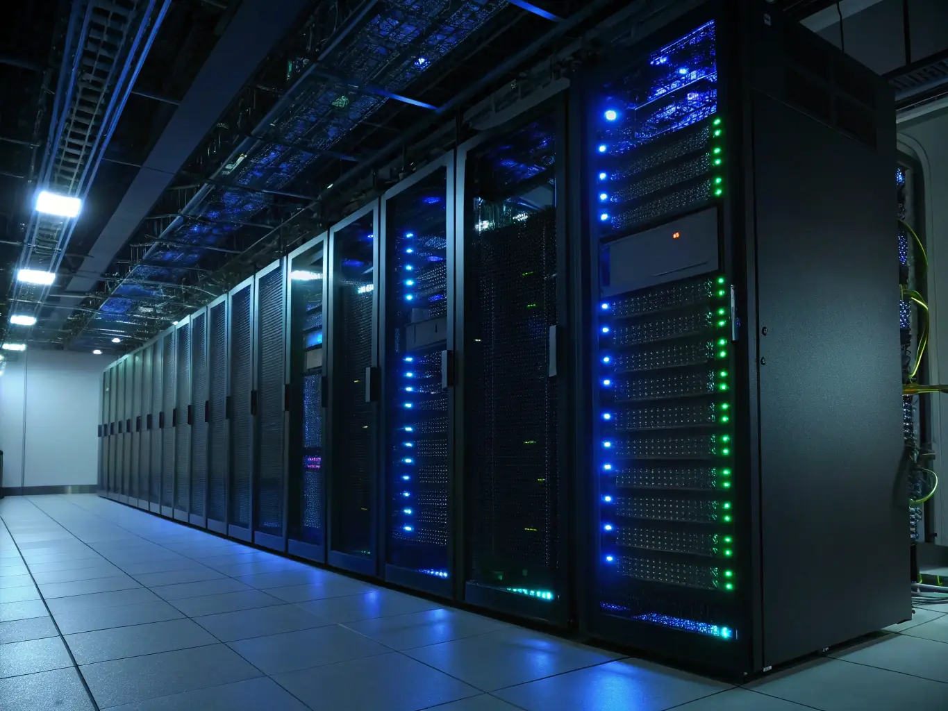 A secure data center environment with glowing servers and network cables, symbolizing robust security and compliance measures for cloud infrastructure.